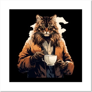 Maine Coon Cat Drinking Coffee Posters and Art